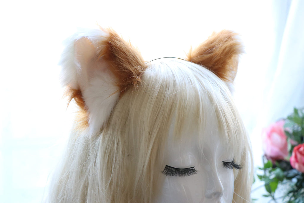 Cat ears Kitty Fox ears Cosplay Headwear Tan Yellow White Furry Flesh Wolf Dog Animal Headband Costume