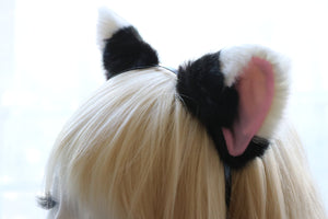 Cat ears Kitty Headwear Black and White Furry Pink Inside Animal Headband Costume