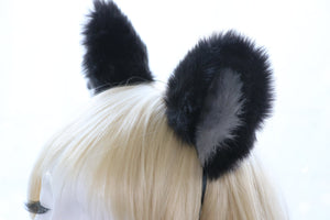 Big Cat ears Kitty Fox Headwear Black Soft Furry Grey Fur White Fur inside Animal Headband Costume Bow Bells【NALUMI】