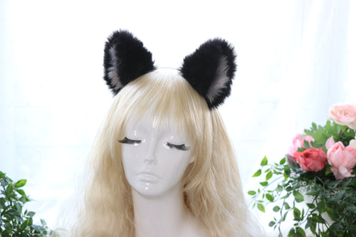 Big Cat ears Kitty Fox Headwear Black Soft Furry Grey Fur White Fur inside Animal Headband Costume Bow Bells【NALUMI】