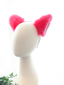 Fluorescent Pink Furry Cat Ears KItty Cute Costume Hairclip Headband 【NALUMI】