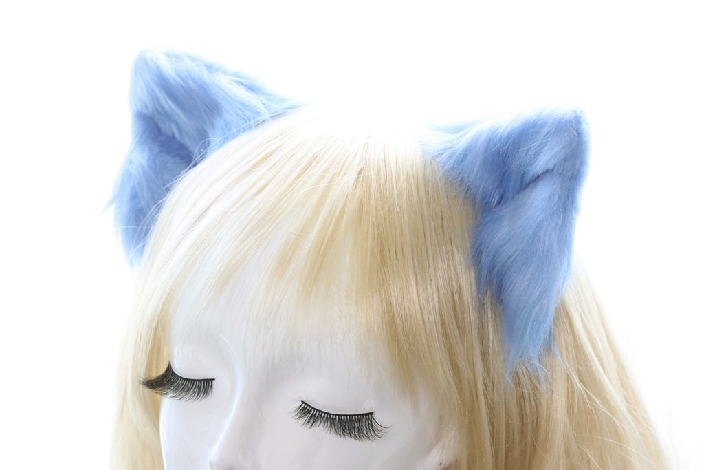 Light Blue Cat ears Kitty kitten Cosplay Anime Headwear Long Furry Animal Hair clip Hairpin Costume Natural Simulation