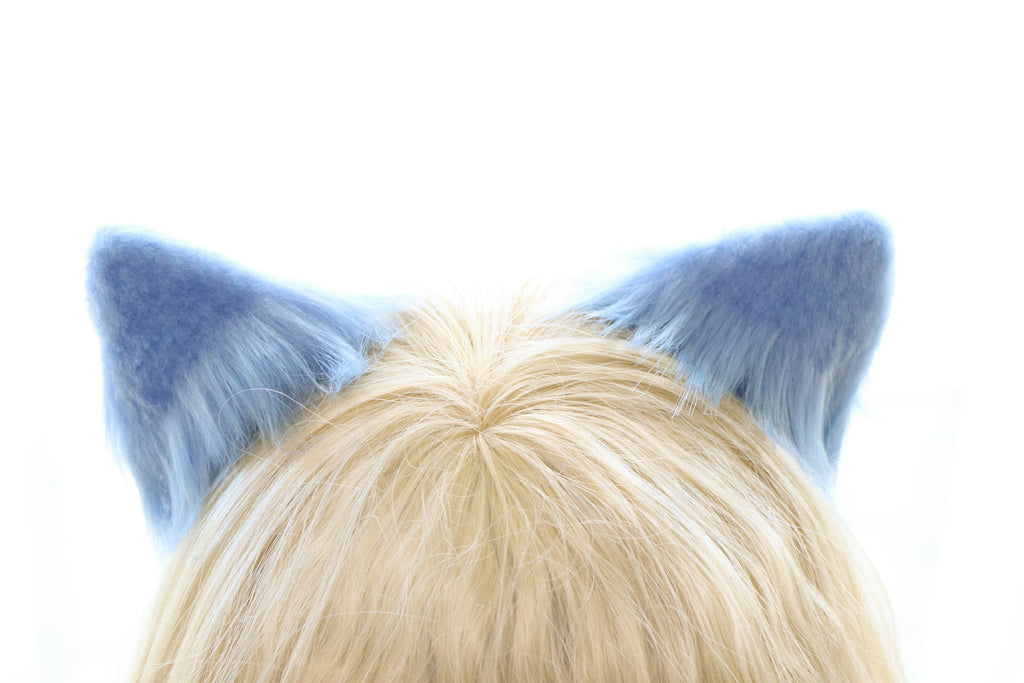 Light Blue Cat ears Kitty kitten Cosplay Anime Headwear Long Furry Animal Hair clip Hairpin Costume Natural Simulation