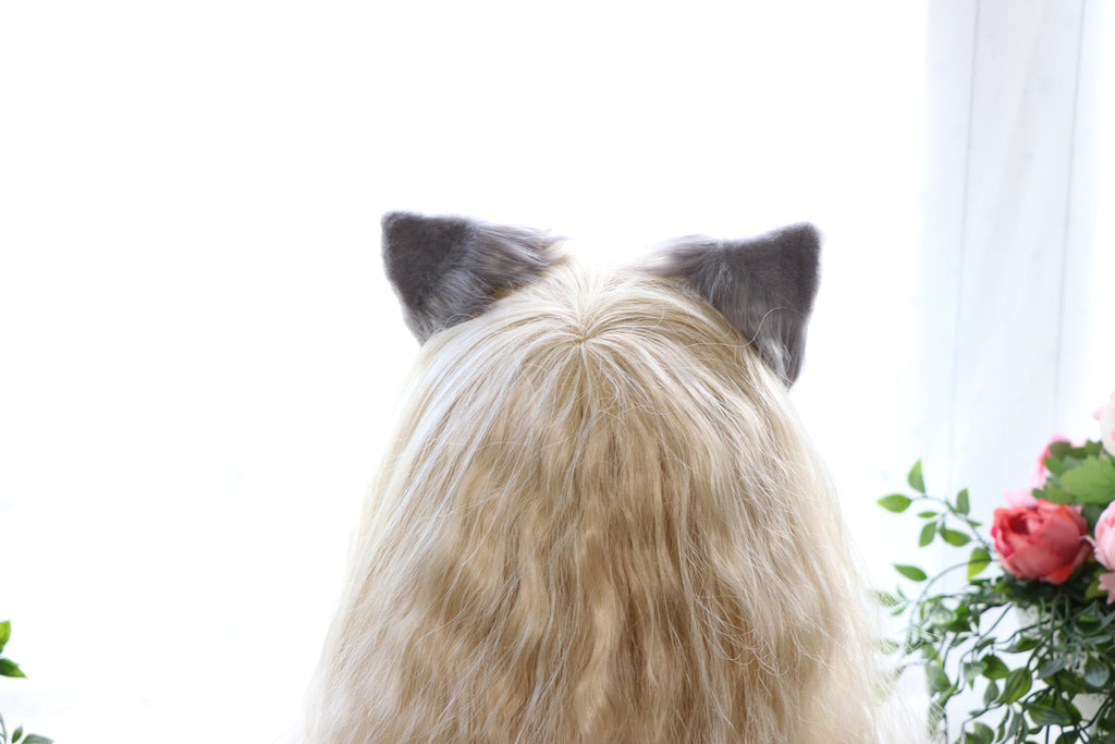 Gray White Cat ears Kitty kitten Cosplay Anime Headwear Long Mix Furry Animal Hair clip Hairpin Costume Natural Simulation