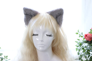 Gray Cat ears Kitty kitten Cosplay Anime Animal Headwear Long Mix Furry Animal Hair clip Hairpin Costume Natural Simulation