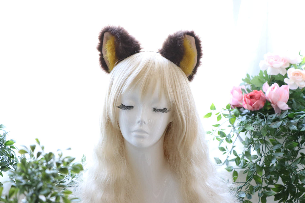 Big Cat ears Kitty Cosplay Headwear Brown Furry Yellow Fur Inside Animal Headband Costume