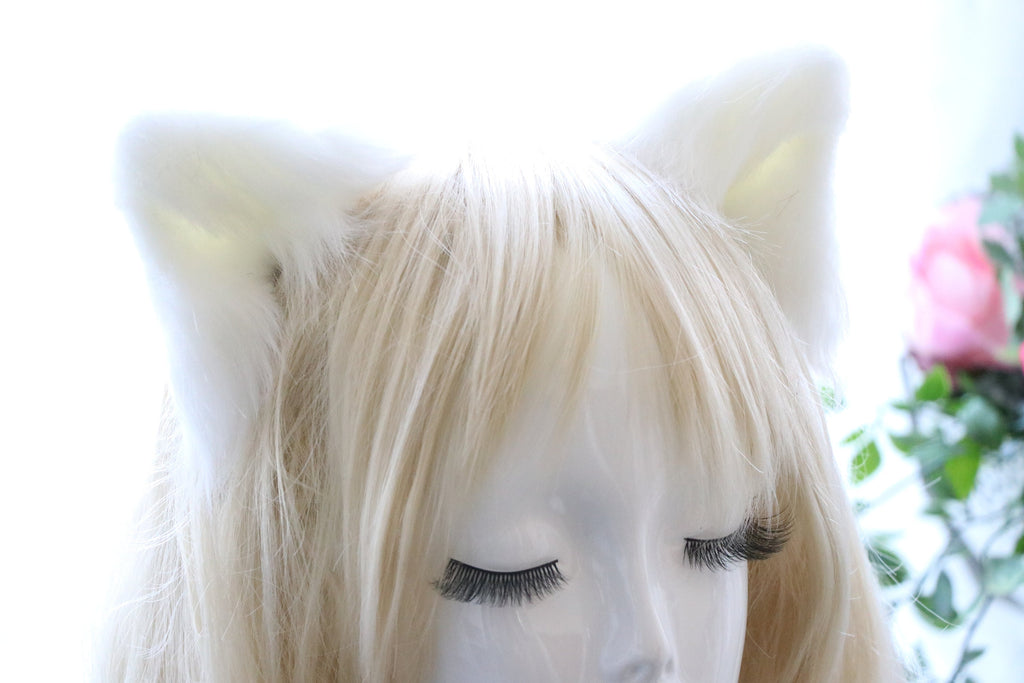 White Cat ears Kitty kitten Cosplay Anime Headwear Long Furry Animal Hair clip Hairpin Costume Natural Simulation