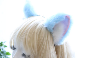 Big Cat ears Kitty Headwear Light Blue Sky Blue Pink White Fur inside Furry Animal Headband Costume Bow Bells