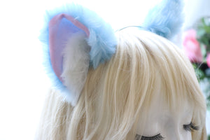 Big Cat ears Kitty Headwear Light Blue Sky Blue Pink White Fur inside Furry Animal Headband Costume Bow Bells