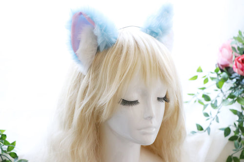 Big Cat ears Kitty Headwear Light Blue Sky Blue Pink White Fur inside Furry Animal Headband Costume Bow Bells