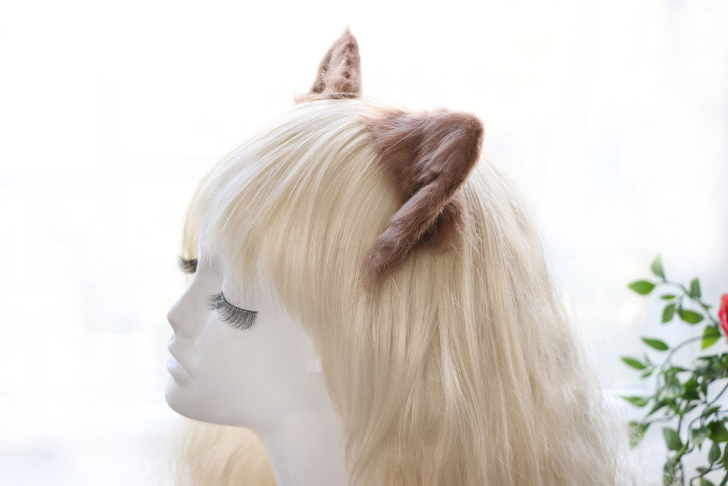 Teddy Brown Cat ears Kitty kitten Cosplay Anime Headwear Long Mix Furry Animal Hair clip Hairpin Costume Natural Simulation