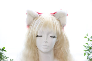 Red White Cat ears Kitty kitten Cosplay Anime Headwear Long Mix Furry Animal Hair clip Hairpin Costume Natural Simulation