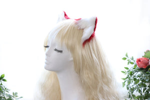 Red White Cat ears Kitty kitten Cosplay Anime Headwear Long Mix Furry Animal Hair clip Hairpin Costume Natural Simulation