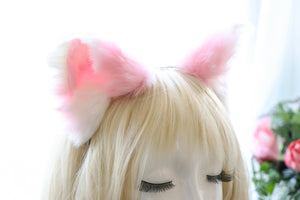 Pink Quilts White Cat Ear Headband Furry Animal Headdress Handmade Headpiece Cat Mom Gifts for her Cute Christmas