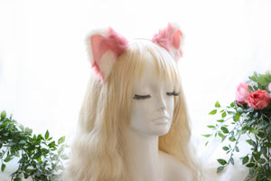 Cat ears Kitty Headwear Watermelon Pink/White Furry Animal Headband Costume Bow Bells