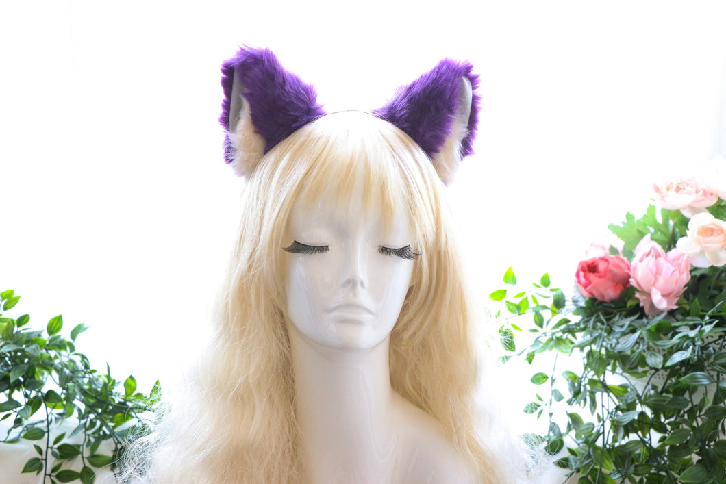 Cat ears Kitty Headwear Dark Purple Gray Beige Furry Animal Headband Costume Bow Bells