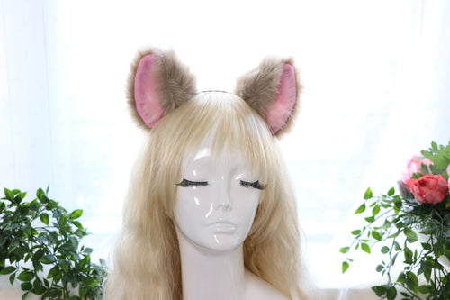 Big Cat ears Kitty Fox Headwear Light Brown Soft Furry Pink Soft Fur inside Animal Headband Costume