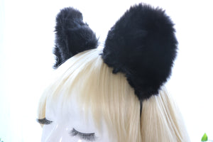 Big Cat ears Kitty Headwear Whole Black Thick Furry Black Fur Inside Animal Headband Costume Cosplay