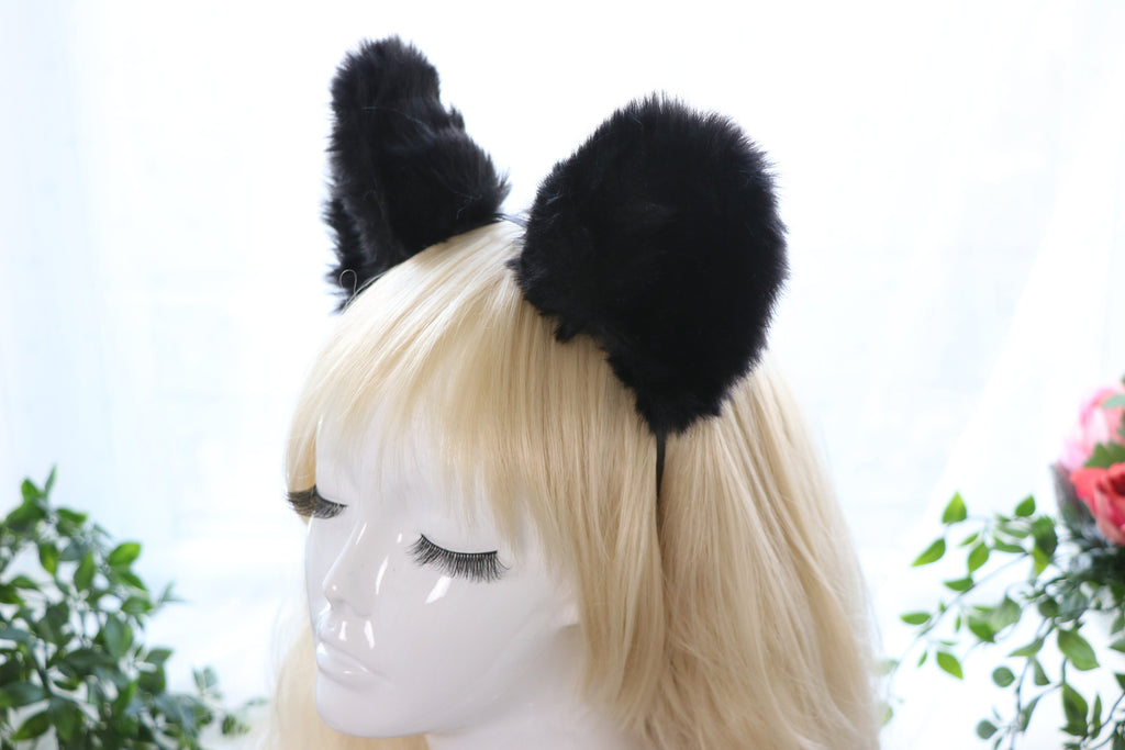 Big Cat ears Kitty Headwear Whole Black Thick Furry Black Fur Inside Animal Headband Costume Cosplay
