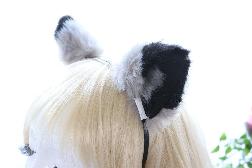 Big Cat ears Kitty Cosplay Headwear Gray Black Furry Animal Headband Costume Bell Bow