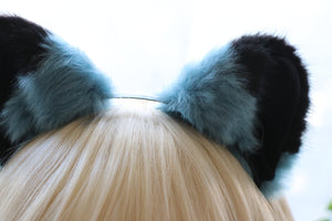 Cat ears Kitty Headwear Cyan-blue Furry Black Top Inside Animal Headband Costume Bow Bells