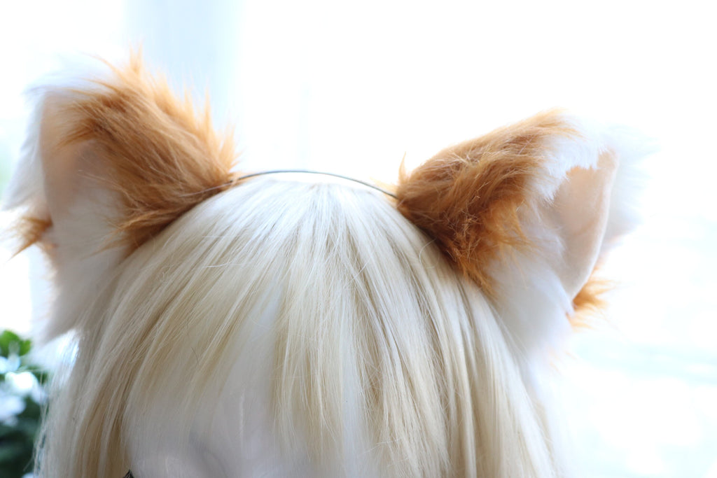 Cat ears Kitty Fox ears Cosplay Headwear Tan Yellow White Furry Flesh Wolf Dog Animal Headband Costume