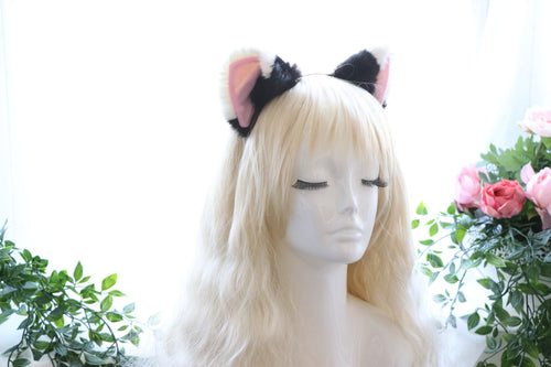 Cat ears Kitty Headwear Black and White Furry Pink Inside Animal Headband Costume