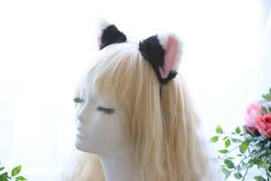 Cat ears Kitty Headwear Black and White Furry Pink Inside Animal Headband Costume