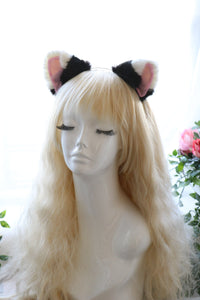 Cat ears Kitty Headwear Black and White Furry Pink Inside Animal Headband Costume