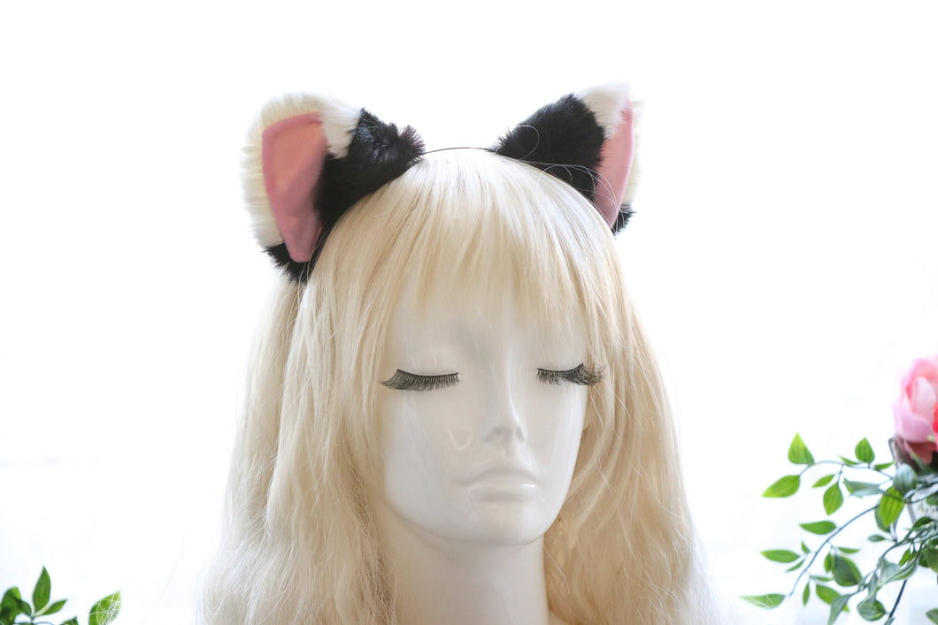 Cat ears Kitty Headwear Black and White Furry Pink Inside Animal Headband Costume