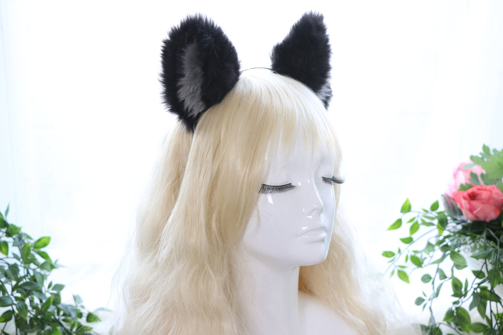 Big Cat ears Kitty Fox Headwear Black Soft Furry Grey Fur White Fur inside Animal Headband Costume Bow Bells【NALUMI】