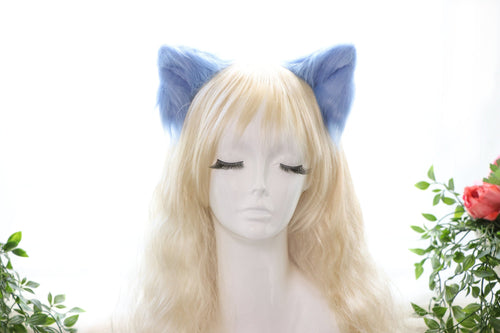 Light Blue Cat ears Kitty kitten Cosplay Anime Headwear Long Furry Animal Hair clip Hairpin Costume Natural Simulation