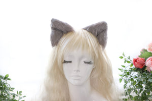 Gray Cat ears Kitty kitten Cosplay Anime Animal Headwear Long Mix Furry Animal Hair clip Hairpin Costume Natural Simulation