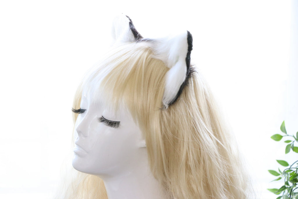 Black White Cat ears Kitty kitten Cosplay Anime Headwear Long Mix Furry Animal Hair clip Hairpin Costume Natural Simulation