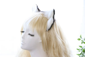 Black White Cat ears Kitty kitten Cosplay Anime Headwear Long Mix Furry Animal Hair clip Hairpin Costume Natural Simulation