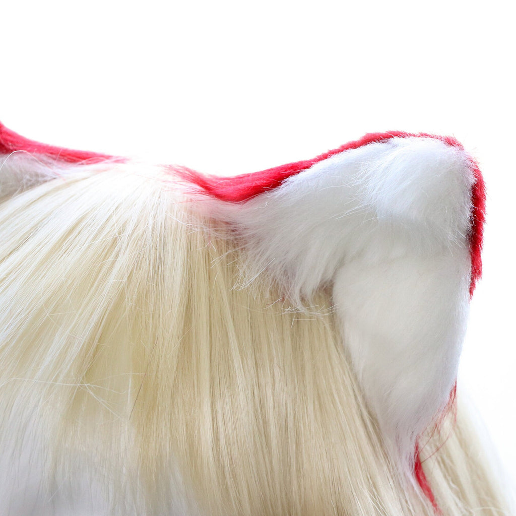 Red White Cat ears Kitty kitten Cosplay Anime Headwear Long Mix Furry Animal Hair clip Hairpin Costume Natural Simulation