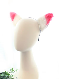 Fluorescent Pink White Furry Cat Ears KItty Cute Costume Hairclip Headband 【NALUMI】