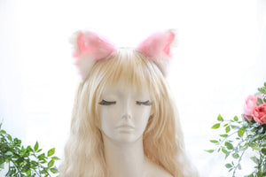 Pink Quilts White Cat Ear Headband Furry Animal Headdress Handmade Headpiece Cat Mom Gifts for her Cute Christmas