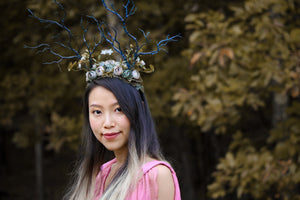 Black Branch Horn Flowers  Nymph Forest Horn Headdress Headwear Antlers Blue Green Halloween Costume【NALUMI】