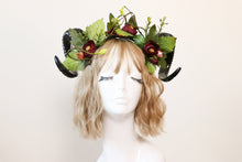 Load image into Gallery viewer, Black Demon Horns Ram Green Vines Red Fairy Flowers Nymph Forest Goat Headwear Sheep