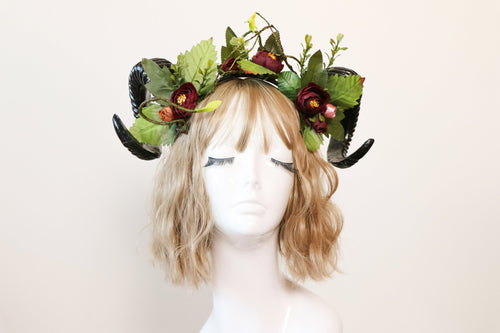 Black Demon Horns Ram Green Vines Red Fairy Flowers Nymph Forest Goat Headwear Sheep