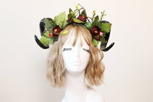 Black Demon Horns Ram Green Vines Red Fairy Flowers Nymph Forest Goat Headwear Sheep