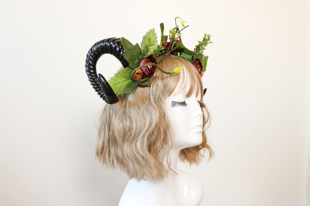 Black Demon Horns Ram Green Vines Red Fairy Flowers Nymph Forest Goat Headwear Sheep