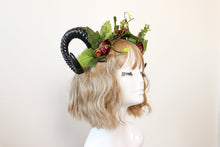 Load image into Gallery viewer, Black Demon Horns Ram Green Vines Red Fairy Flowers Nymph Forest Goat Headwear Sheep