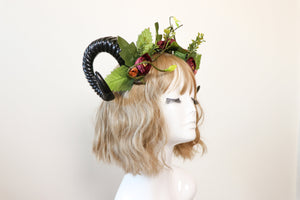 Black Demon Horns Ram Green Vines Red Fairy Flowers Nymph Forest Goat Headwear Sheep