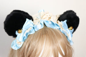 Bear Ears Black Cute Headwear Lolita Light Blue Ribbon Bells Bows Jingle Lace Furry Animal Headband Costume Halloween