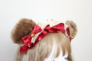 Bear Ears Teddy Brown Cute Headwear Lolita Red Ribbon Bells Bows Jingle Lace Furry Animal Headband Costume Halloween