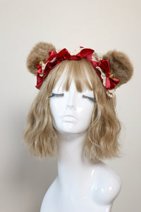 Bear Ears Teddy Brown Cute Headwear Lolita Red Ribbon Bells Bows Jingle Lace Furry Animal Headband Costume Halloween