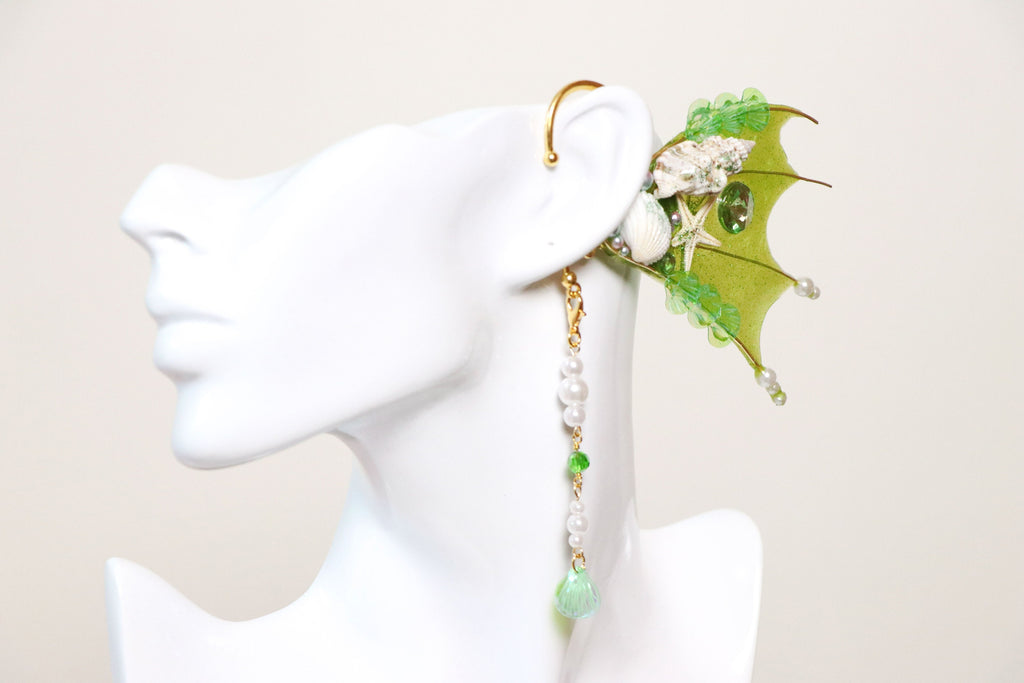 Green Emerald Mermaid Earring Sea Shell Fairy Ears Elven Ears Earcuffs cosplay fantasy decoration Nature Fish Fin photography【NALUMI】