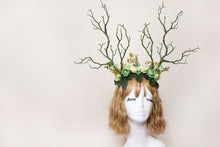 Load image into Gallery viewer, Black Branch Horn Demon Nymph Horn Headdress Antlers green flowers